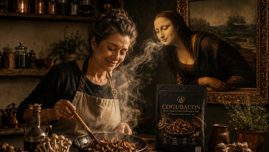 Bacon vegano de cogumelo, defumado de verdade na lenha.