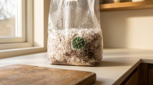 Mancha de mofo verde na superfície de um bloco de cultivo contaminado