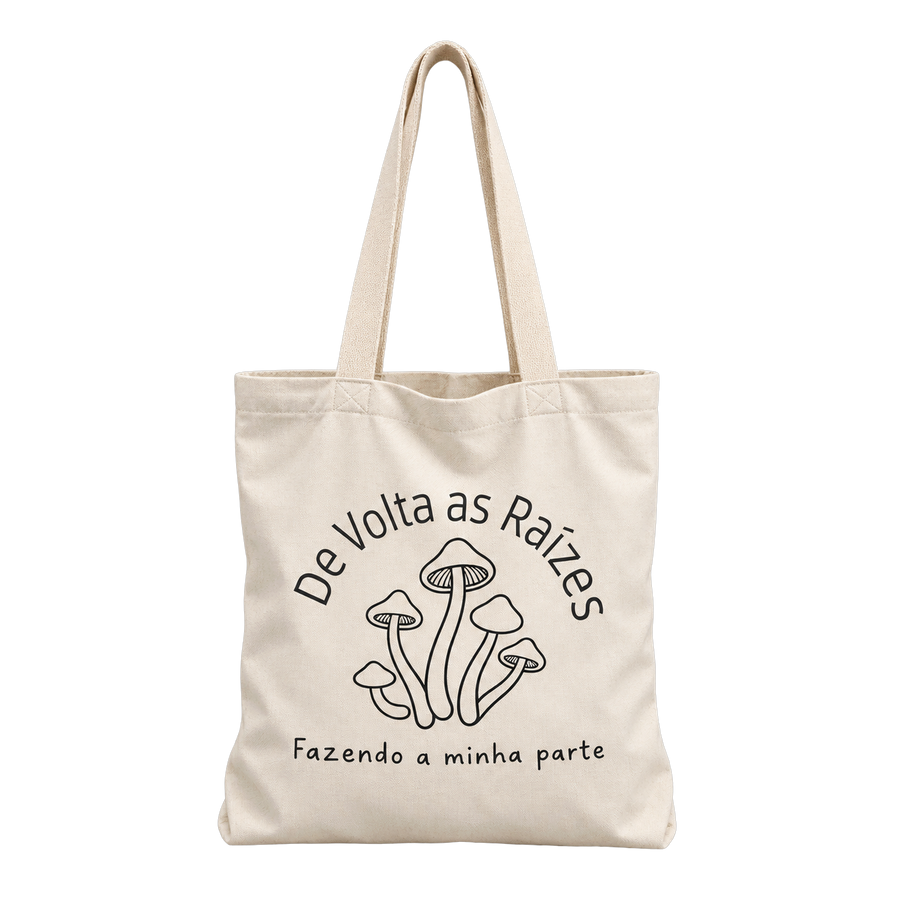 Ecobag De Volta às Raízes em algodão cru com a logo e a frase Fazendo a minha parte