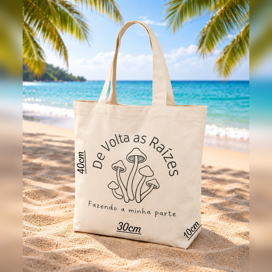 Medidas da ecobag: 30 cm de largura, 40 cm de altura e 10 cm de fundo
