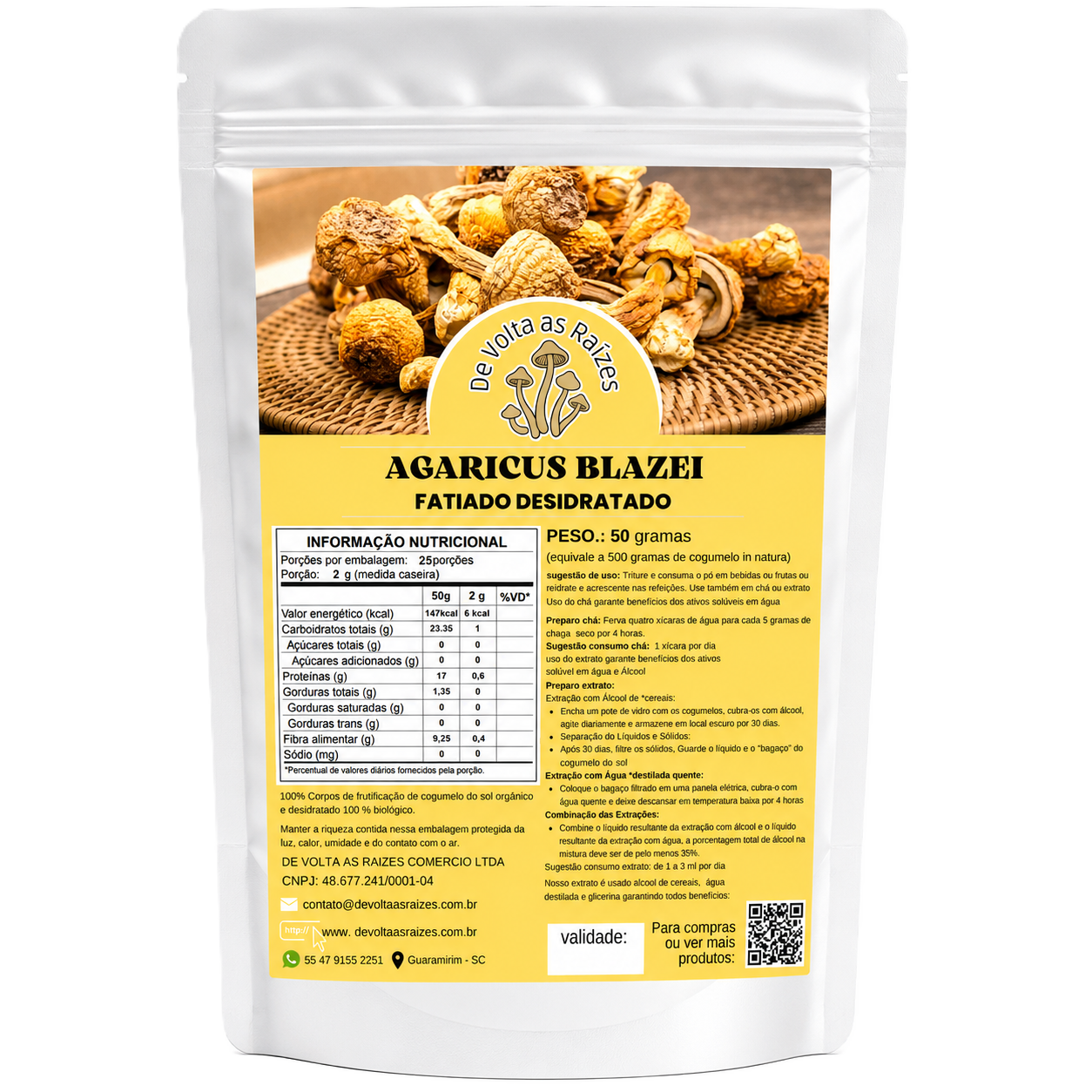 Cogumelo Agaricus blazei Desidratado 50 g