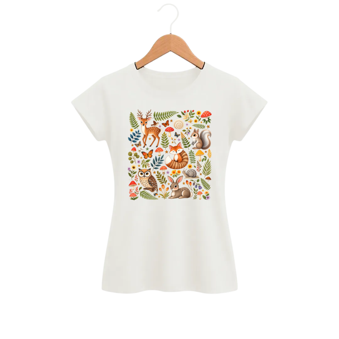 Camiseta Feminina Baby Look Cogumelo Bichos da Mata