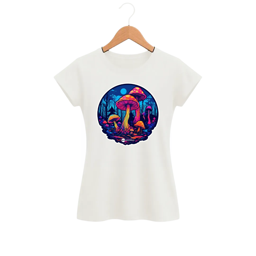 Camiseta Feminina Baby Look Cogumelos do Bosque Fluorescente
