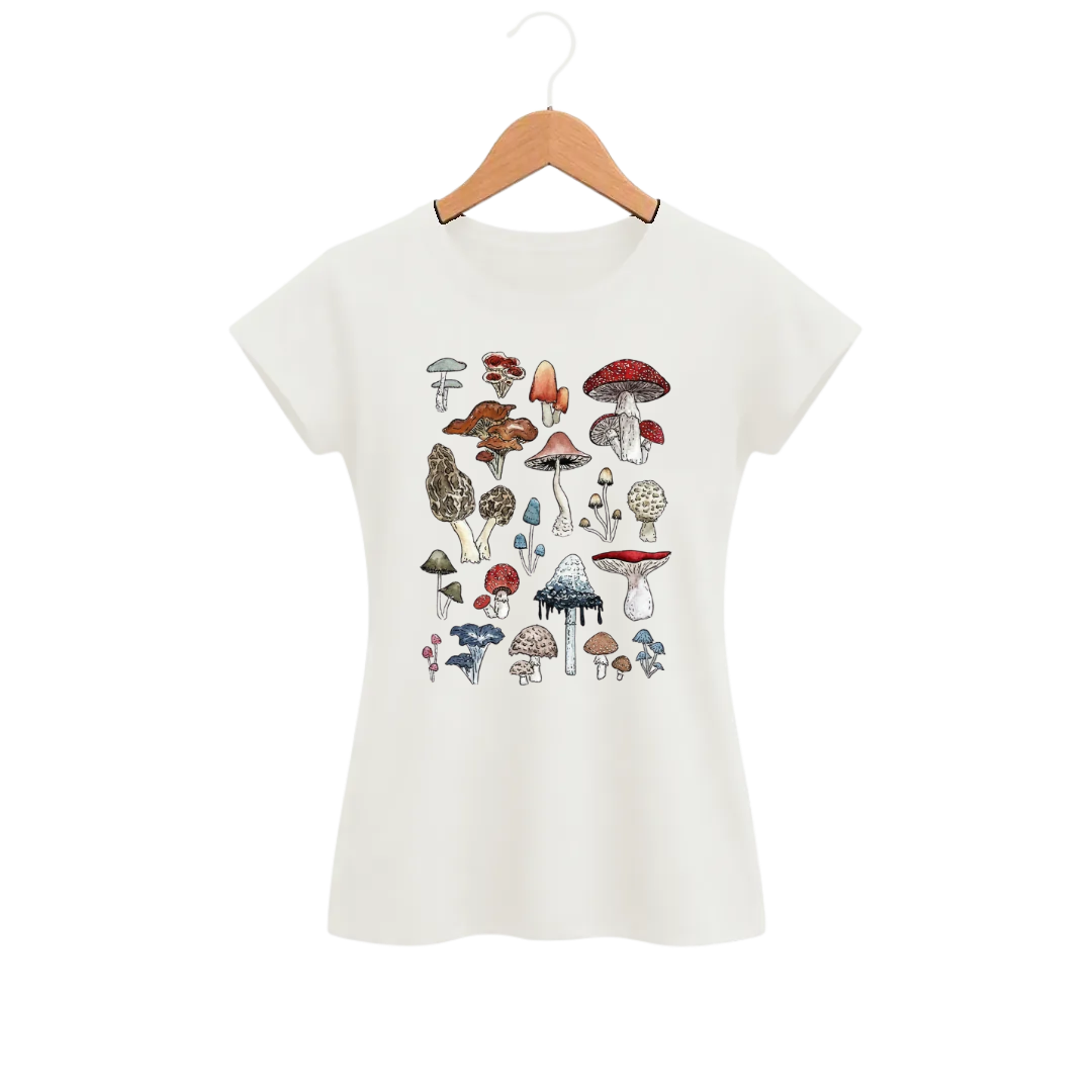 Camiseta Feminina Baby Look Catálogo de Cogumelos da Floresta