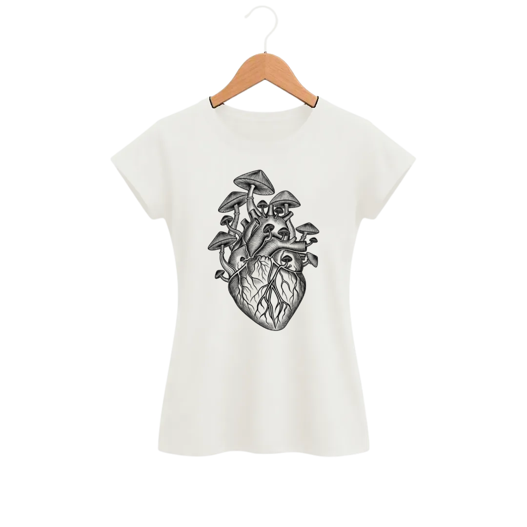 Camiseta Feminina Baby Look Cogumelo Coração Micelial