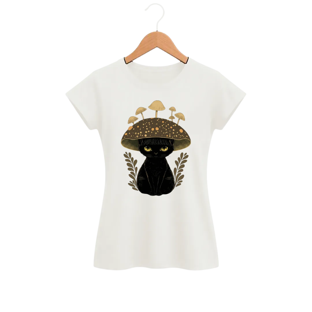 Camiseta Feminina Baby Look Gato Chapéu Cogumelo