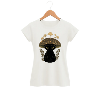 Camiseta Feminina Baby Look Gato Chapéu Cogumelo