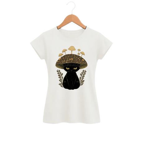 Camiseta Feminina Baby Look Gato Chapéu Cogumelo
