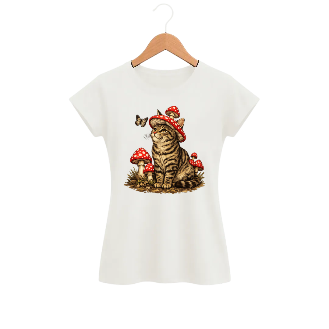 Camiseta Feminina Baby Look Cogumelo Gato de Chapéu