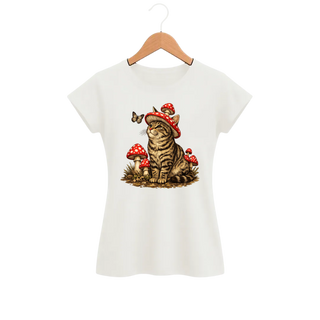Camiseta Feminina Baby Look Cogumelo Gato de Chapéu