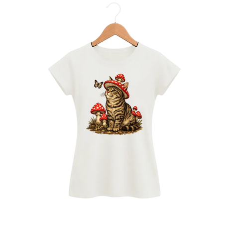 Camiseta Feminina Baby Look Cogumelo Gato de Chapéu