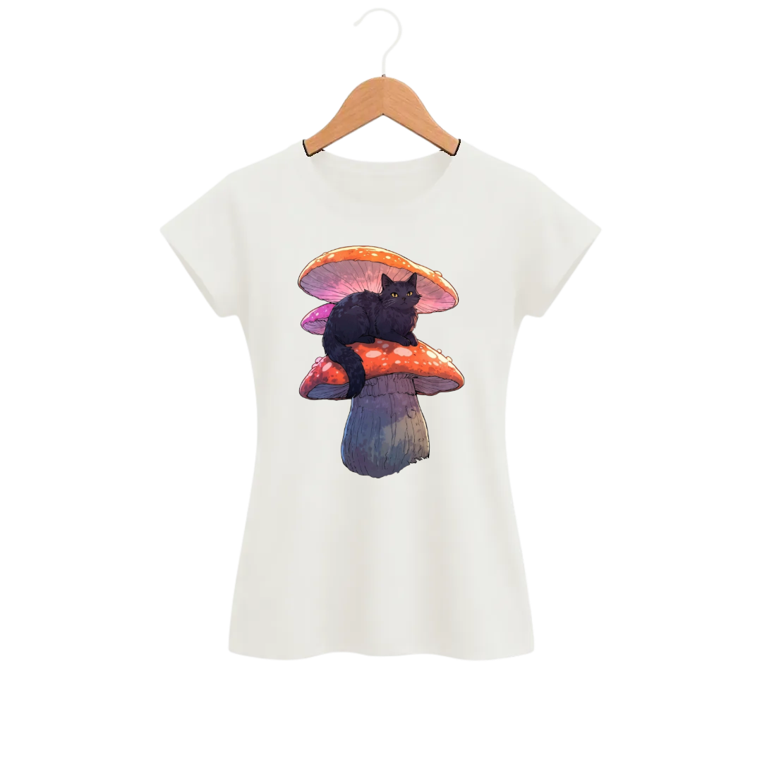 Camiseta Feminina Baby Look Gato Guardião Cogumelo