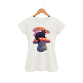 Camiseta Feminina Baby Look Gato Guardião Cogumelo
