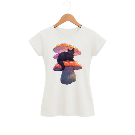 Camiseta Feminina Baby Look Gato Guardião Cogumelo