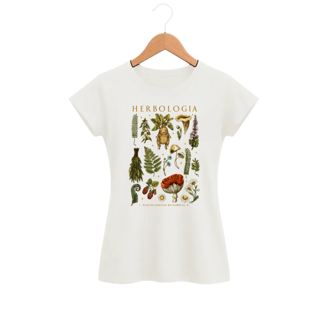 Camiseta Feminina Baby Look Herbologia e Cogumelos