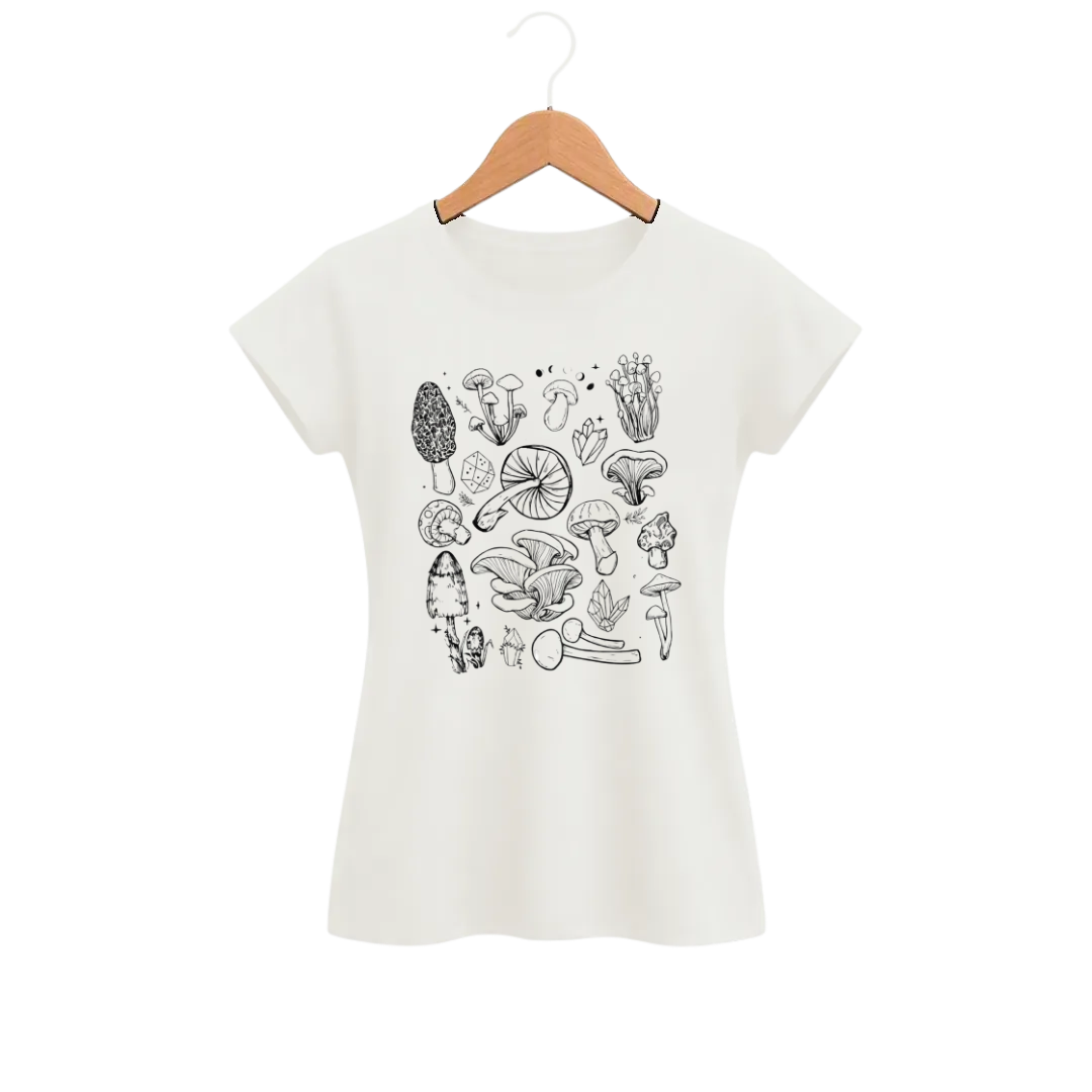 Camiseta Feminina Baby Look Ilustração Botânica de Cogumelos