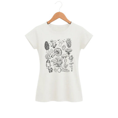 Camiseta Feminina Baby Look Ilustração Botânica de Cogumelos