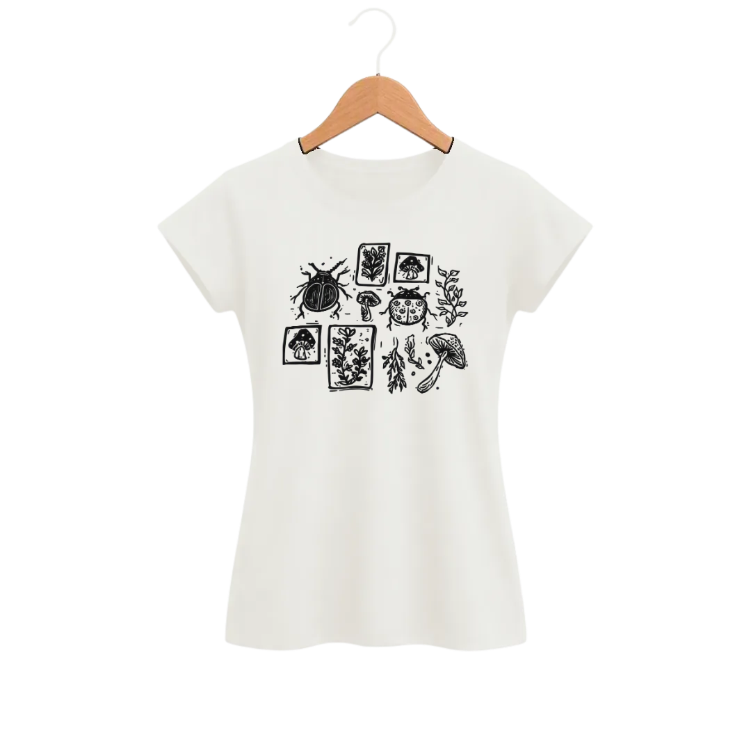 Camiseta Feminina Baby Look Cogumelo Insetos e Chapéus