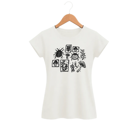 Camiseta Feminina Baby Look Cogumelo Insetos e Chapéus