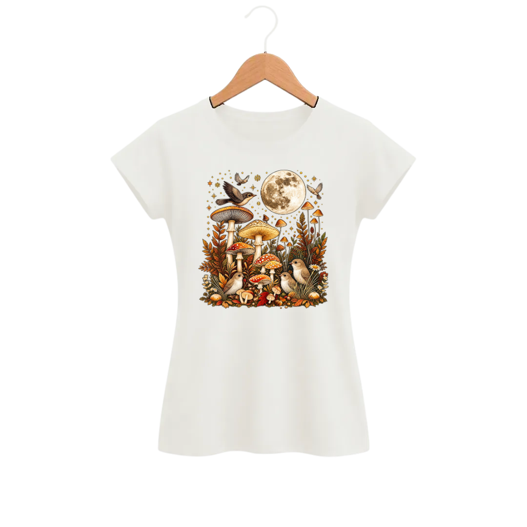 Camiseta Feminina Baby Look Cogumelo Lua Cheia no Bosque