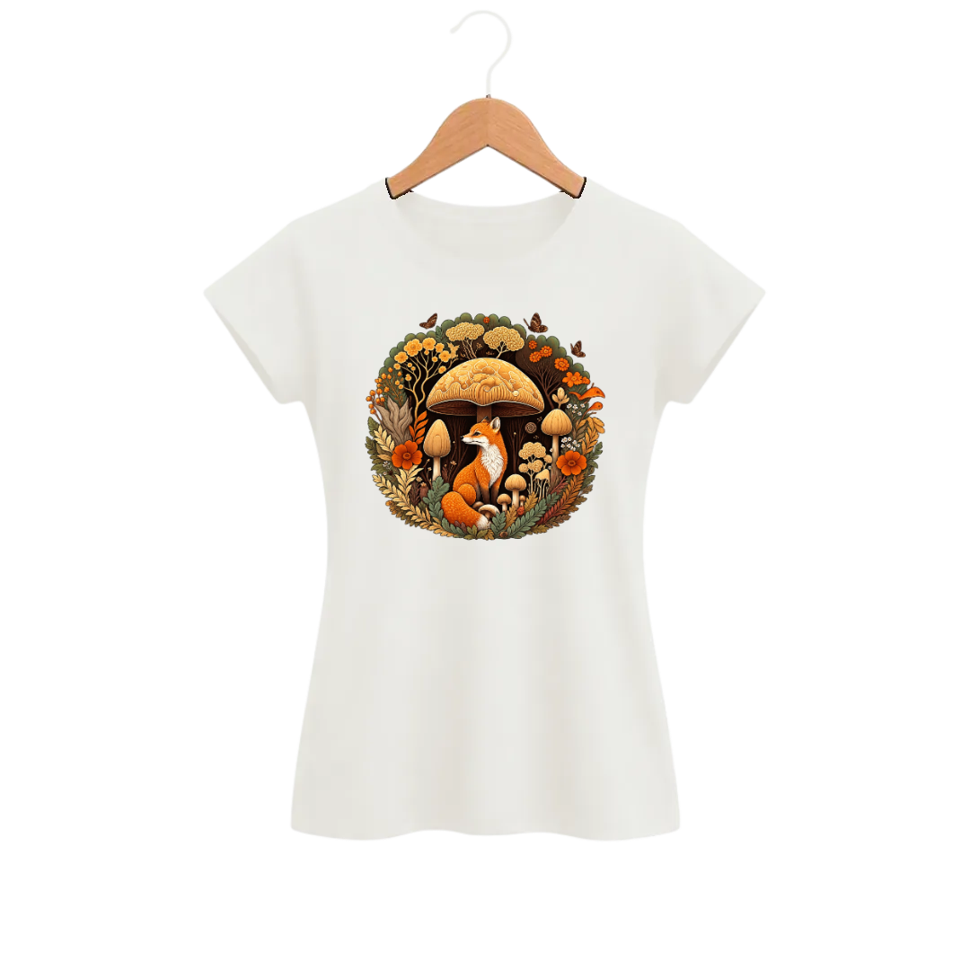 Camiseta Feminina Baby Look Cogumelo Raposa da Clareira