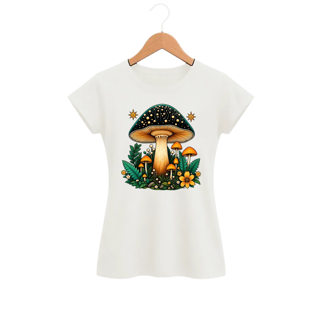 Camiseta Feminina Baby Look Cogumelo Sob o Mesmo Chapéu