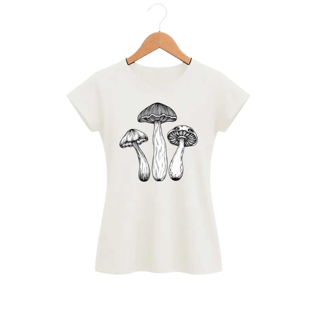 Camiseta Feminina Baby Look Cogumelo Três em Nanquim