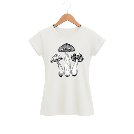 Camiseta Feminina Baby Look Cogumelo Três em Nanquim