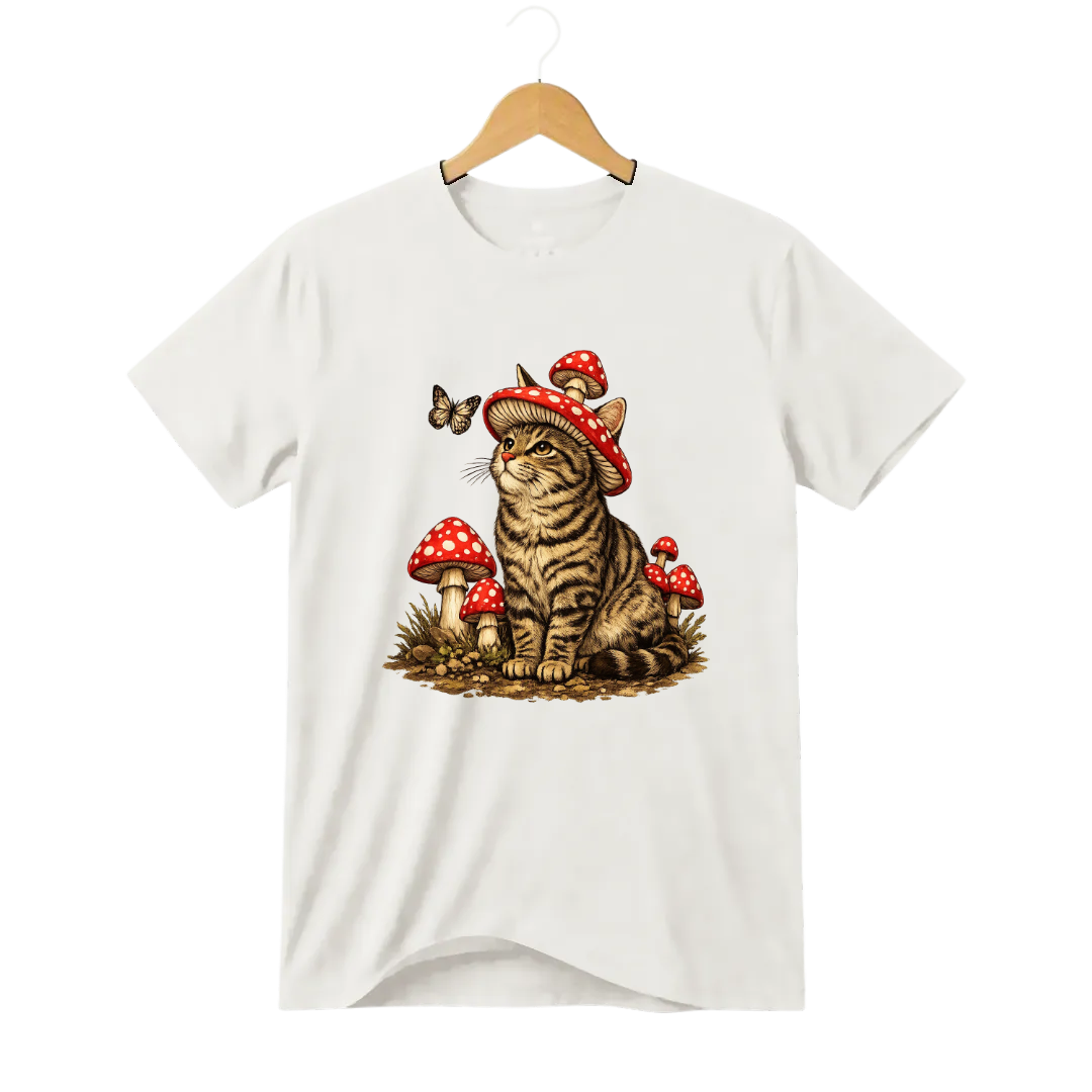 Camiseta Cogumelo Gato de Chapéu