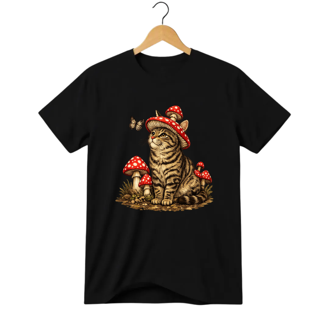 Camiseta Cogumelo Gato de Chapéu