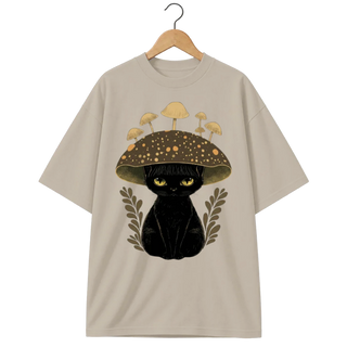 Camiseta Oversized Gato Chapéu Cogumelo