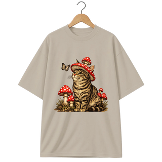 Camiseta Oversized Cogumelo Gato de Chapéu