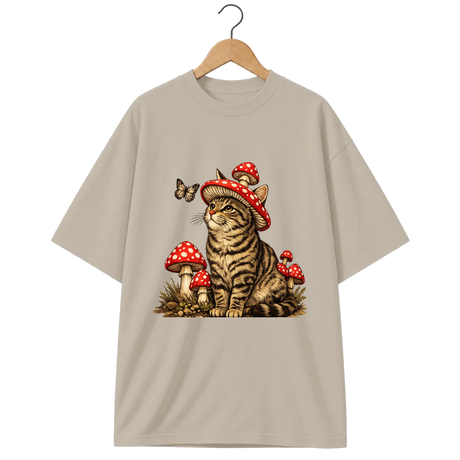 Camiseta Oversized Cogumelo Gato de Chapéu