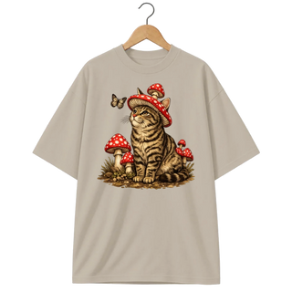 Camiseta Oversized Cogumelo Gato de Chapéu