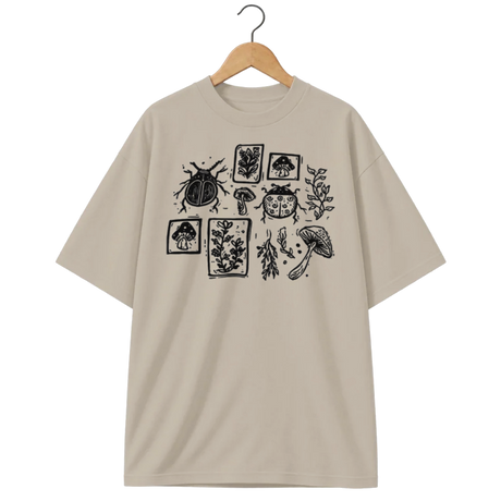 Camiseta Oversized Cogumelo Insetos e Chapéus