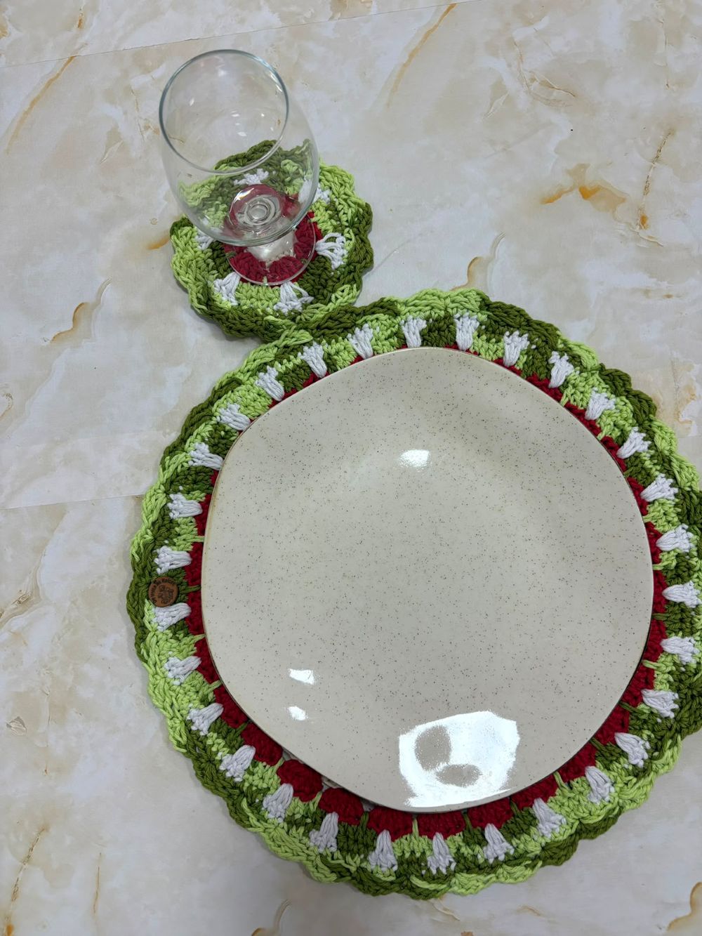 Kit Mesa Posta de Crochê Cogumelo — Lugar Americano + Porta-copo