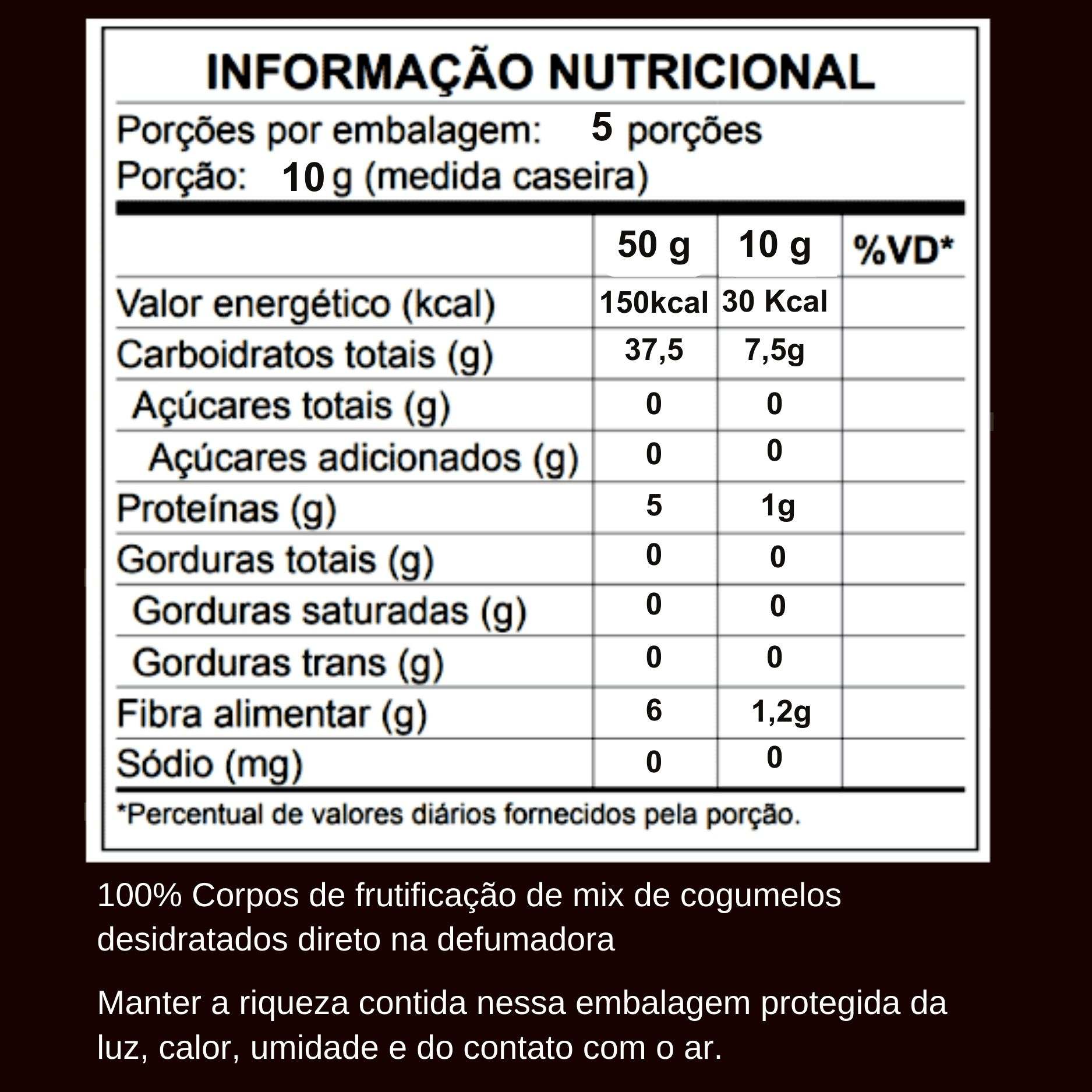 informação nutricional cogumelo desidratado defumado de volta as raizes